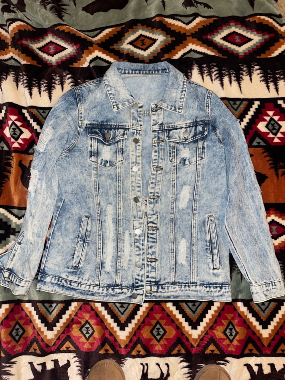 Light Wash Distressed Denim Jacket - Blue